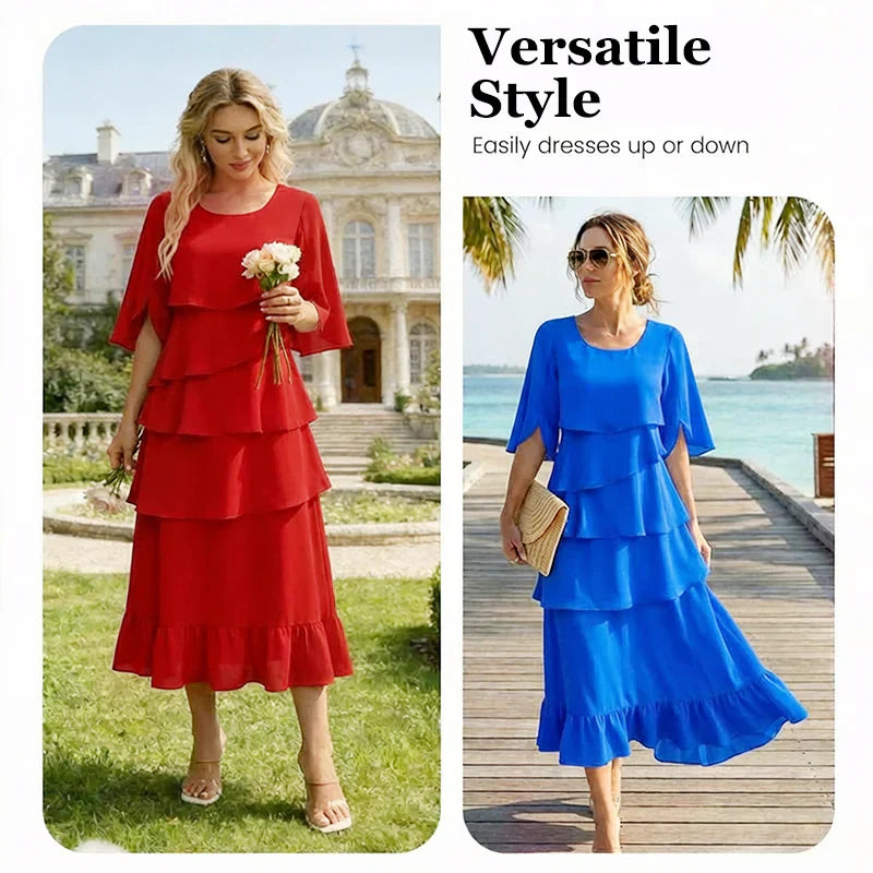 Barbara Muggia Flutter Sleeve Dress - main front view of elegant dress with layered flutter sleeves