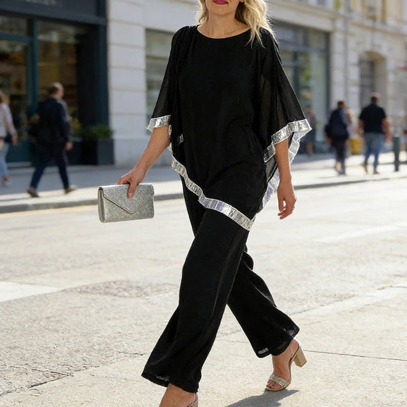 Bianca Marchetti Elegant Sequin Trim Poncho Top & Wide-Leg Pants Set - poncho drape close-up