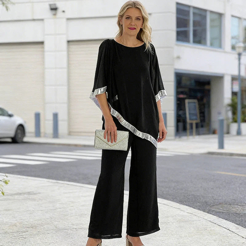Bianca Marchetti Elegant Sequin Trim Poncho Top & Wide-Leg Pants Set - back view
