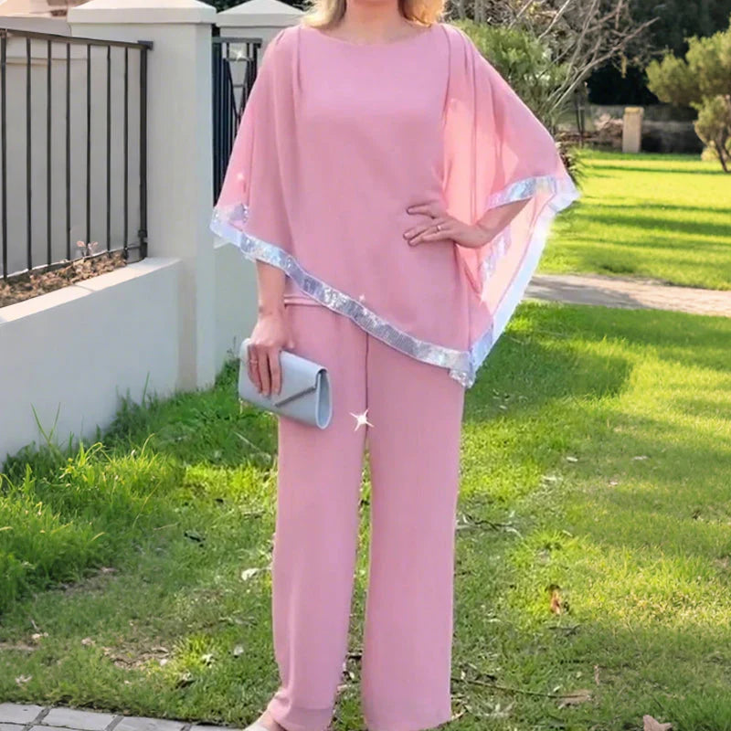Bianca Marchetti Elegant Sequin Trim Poncho Top & Wide-Leg Pants Set - three-quarter view
