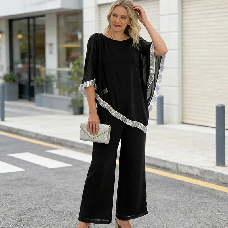Bianca Marchetti Elegant Sequin Trim Poncho Top & Wide-Leg Pants Set - main front view