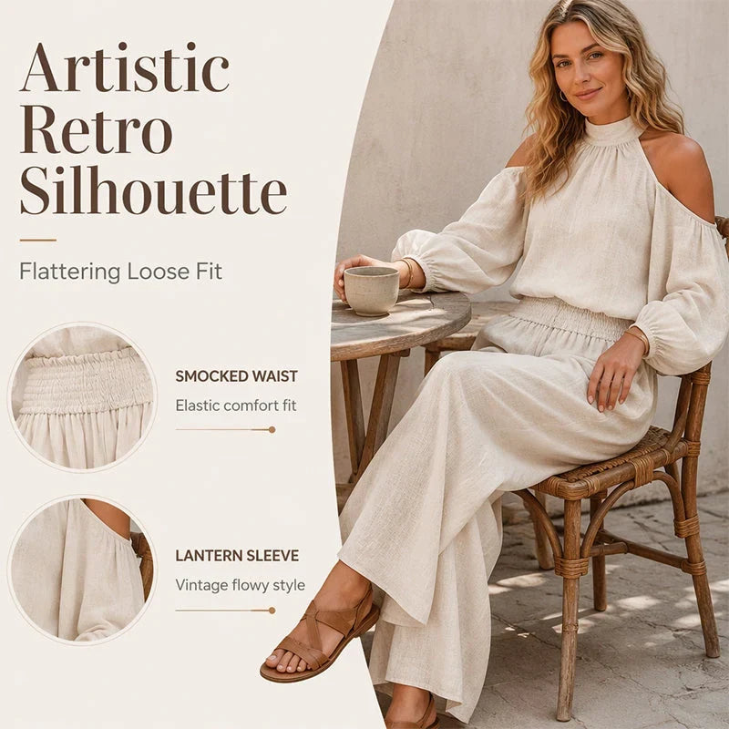Candida Bartolomei™ Komplet damski z bluzką cold shoulder halter na lato bez wysiłku