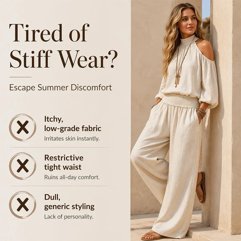 Candida Bartolomei™ Komplet damski z bluzką cold shoulder halter na lato bez wysiłku