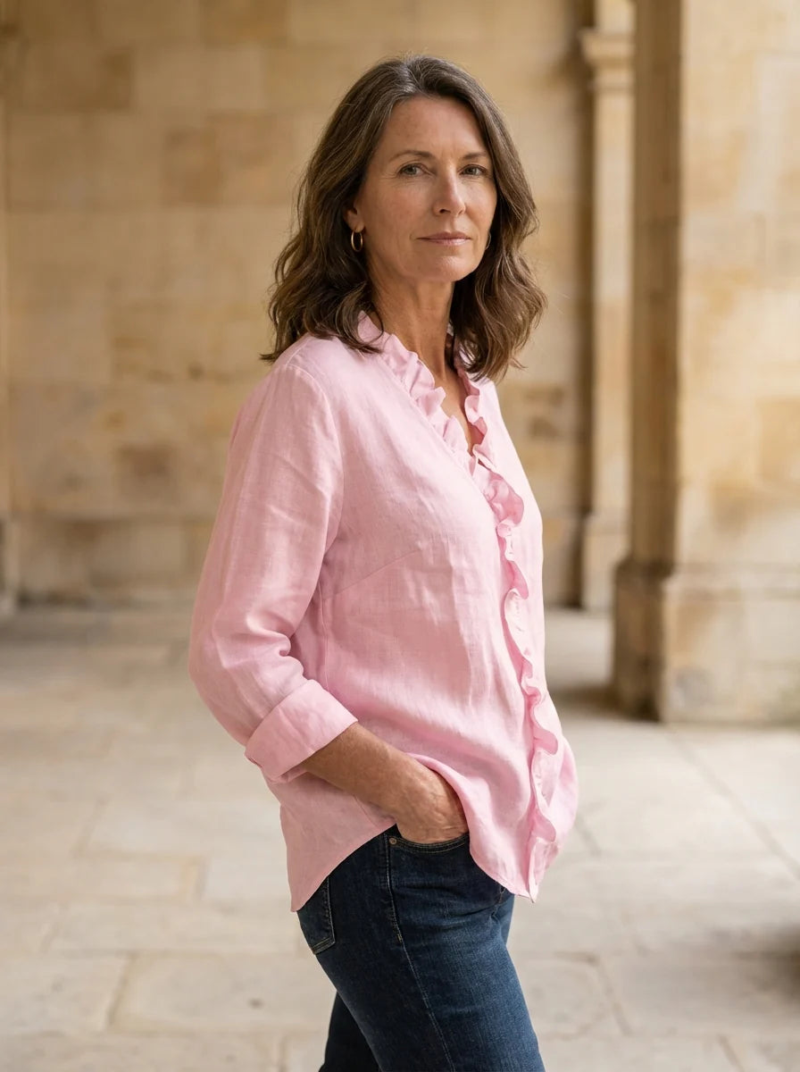 Caterina Ruffled V-Neck Casual Blouse - alternate front view showing ruffle neckline detail