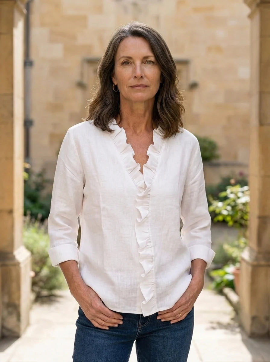 Caterina Ruffled V-Neck Casual Blouse - model wearing blouse showing relaxed casual fit