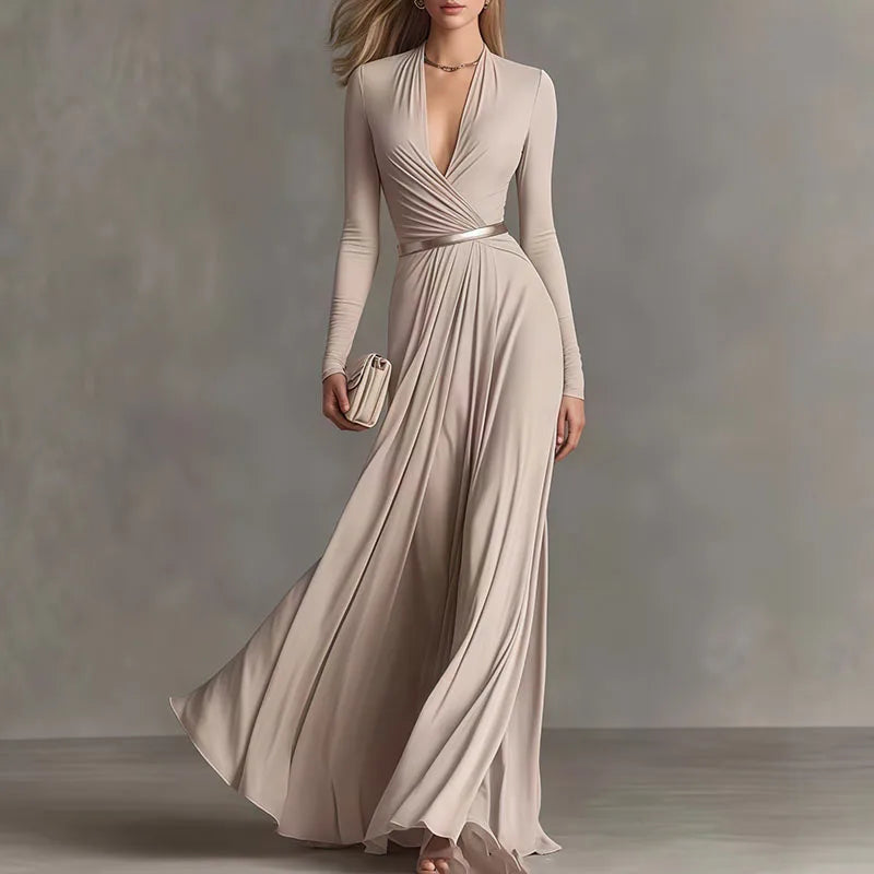 Caterina Viviana Deep V-Neck Long Sleeve Flowy Maxi Dress - main front view