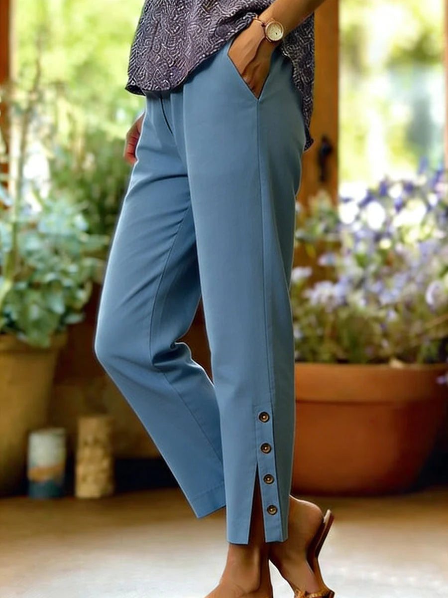 Clara Button Detail Ankle Trousers - styled lifestyle view of ankle trousers with button trim