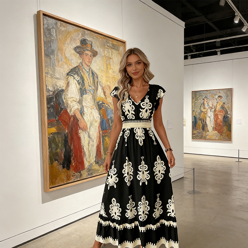 Claudia Baccelli™ Sukienka midi na co dzień w stylu boho chic z dekoltem w serek