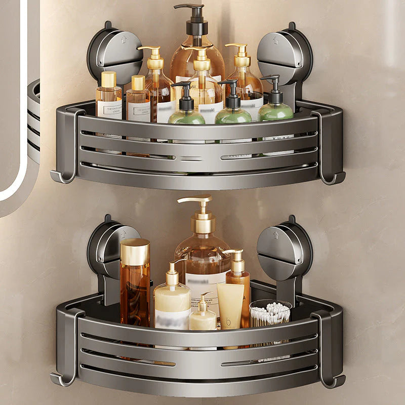 CornerHold Minimalist Corner Shelf - side angle view of triangular bathroom shelf with suction cups