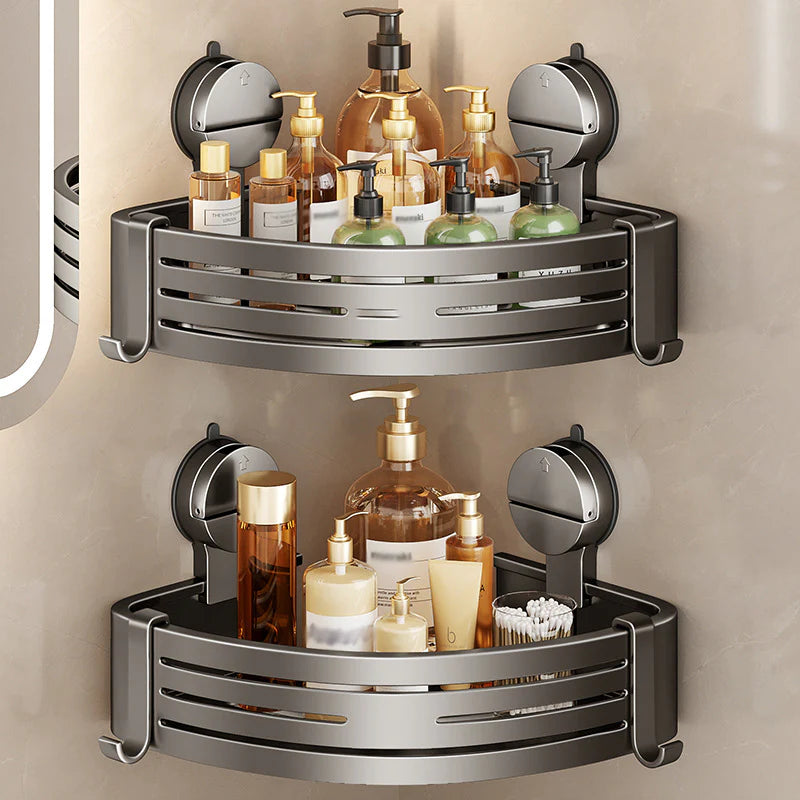 CornerHold Minimalist Corner Shelf - shelf loaded with bath products demonstrating weight capacity