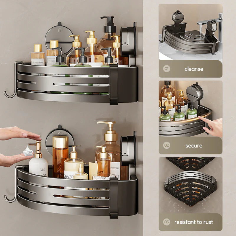 CornerHold Minimalist Corner Shelf - suction cup corner shelf in use in wet shower environment