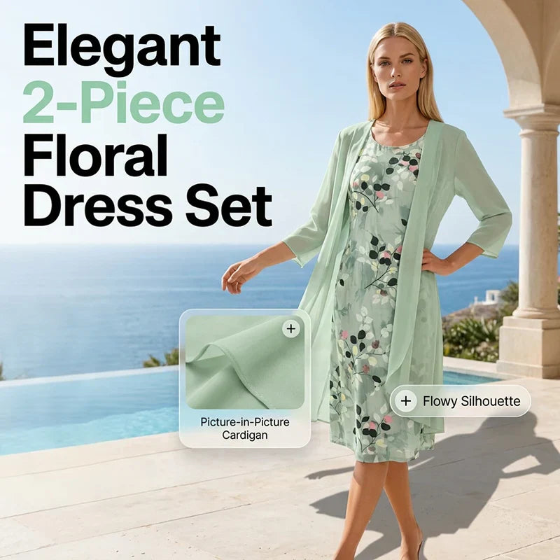Cristina Elegant Chiffon Dress and Cardigan Set - main front view of two-piece outfit