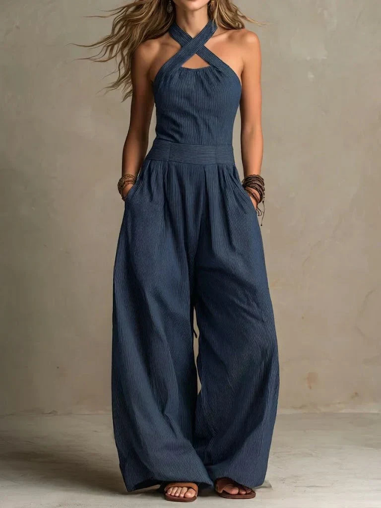 Debora Fiorenzae Elegant Wide Leg Jumpsuit - main front view of flowing crossover bodice design