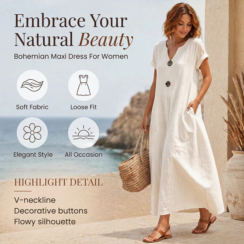 Debora Summer Midi Dress with V-Neck & Decorative Buttons - main front product view