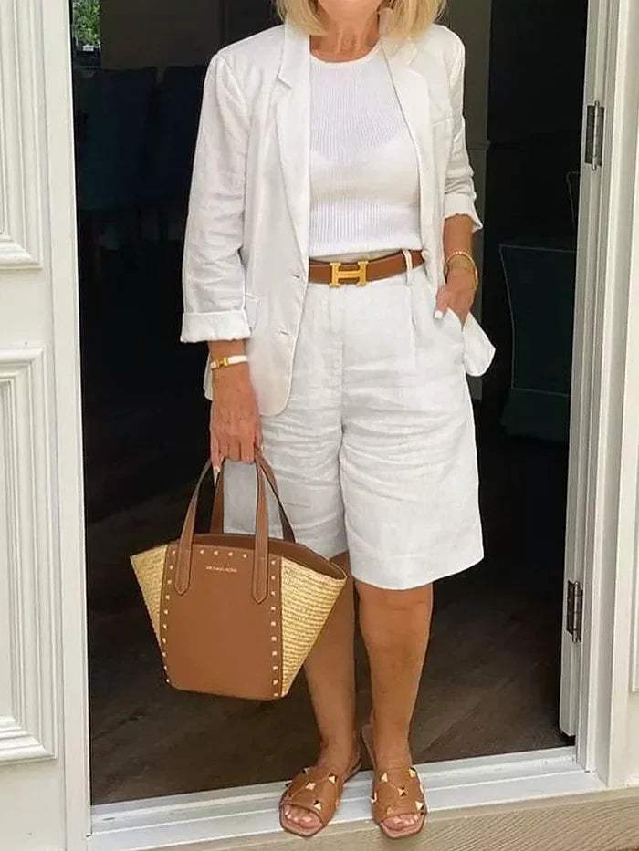 Donata Elegant Linen Shorts and Blazer Set for Women - main front view of the coordinated outfit