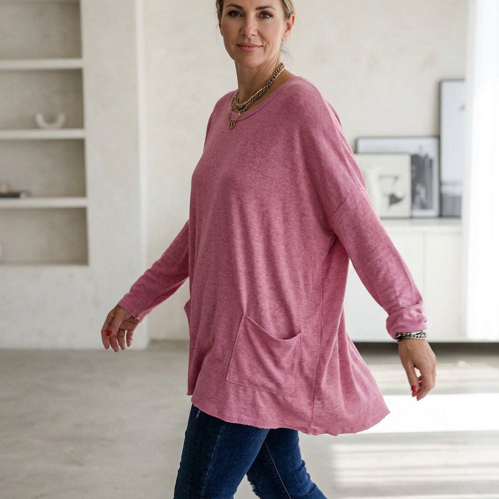 Elettra Brambati™ Swobodna bluzka z długim rękawem i kieszonką dla codziennego komfortu