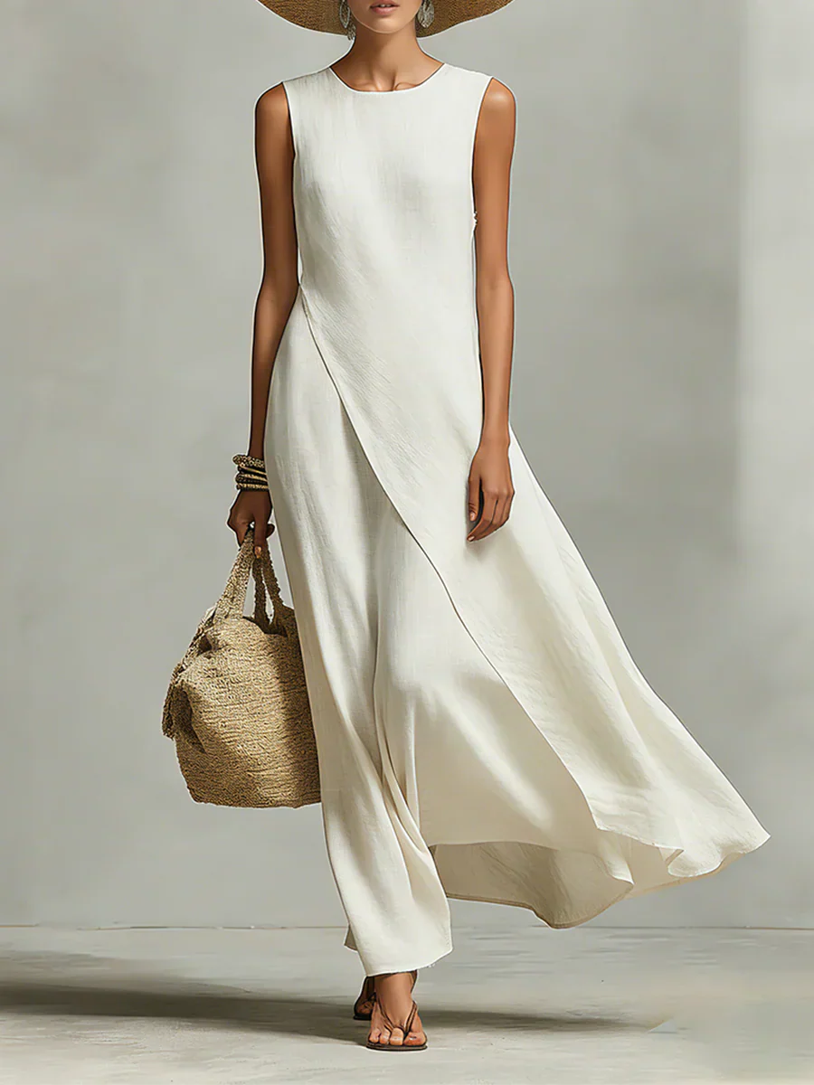 Elettra Ivory Breathable Linen Dress - main front view of sleeveless dress with asymmetric hem
