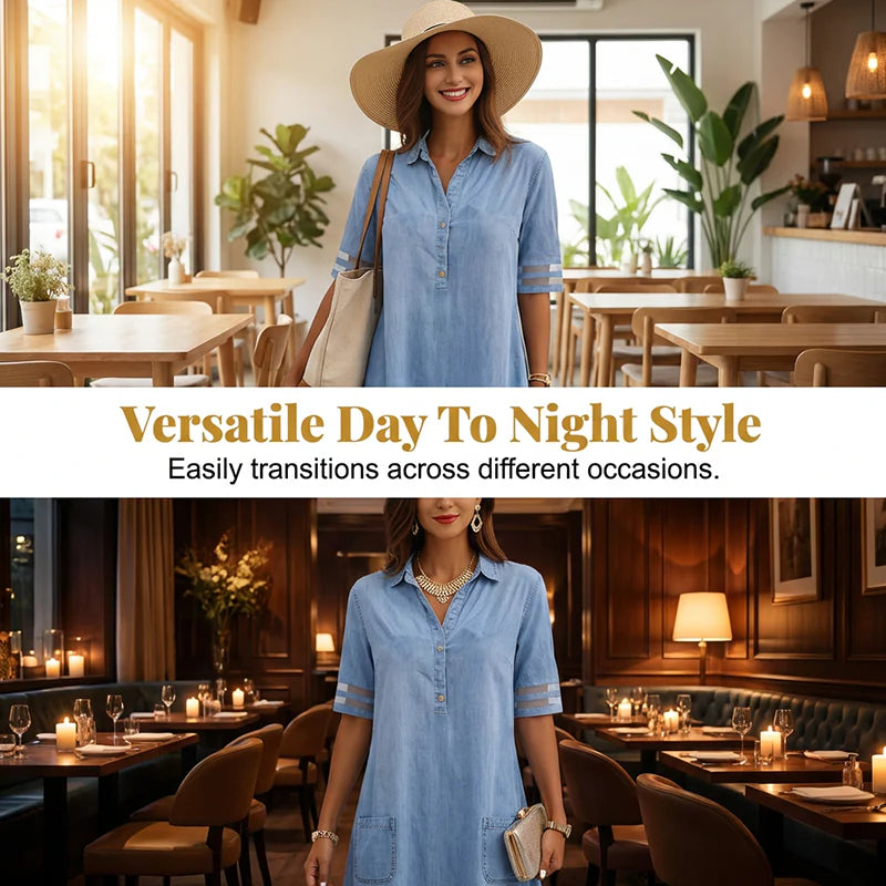 Emma Relaxed Fit A-Line Denim Dress with Mesh Sleeve Detail - alternate front view