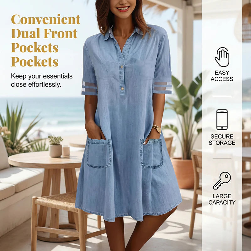 Emma Relaxed Fit A-Line Denim Dress with Mesh Sleeve Detail - back view