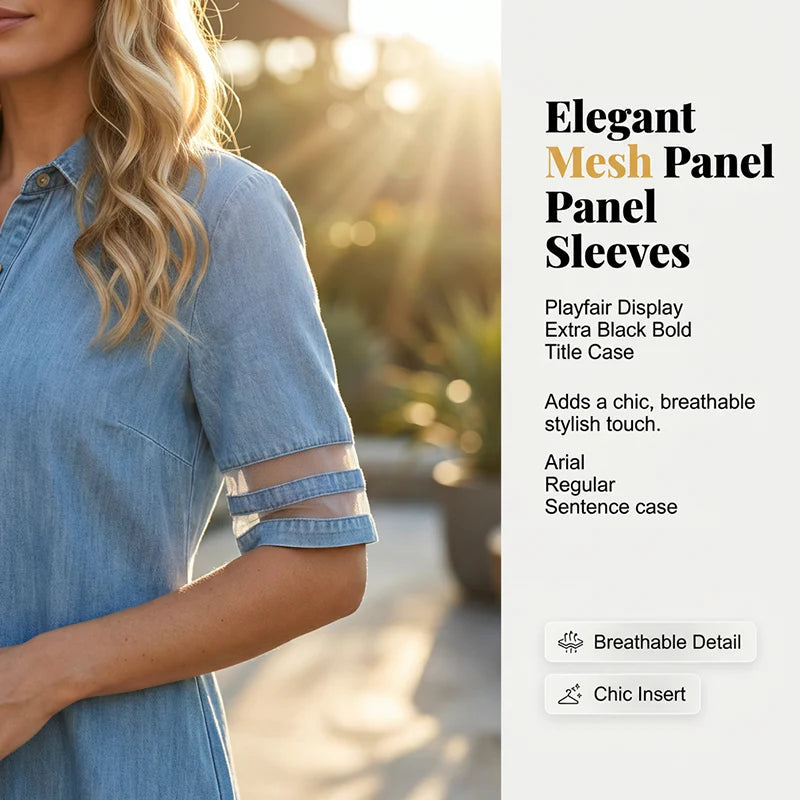 Emma Relaxed Fit A-Line Denim Dress with Mesh Sleeve Detail - three-quarter view