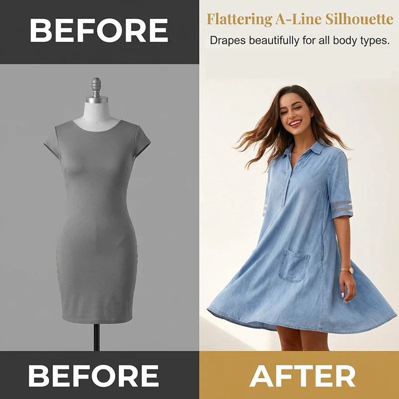 Emma Relaxed Fit A-Line Denim Dress with Mesh Sleeve Detail - lower skirt detail view