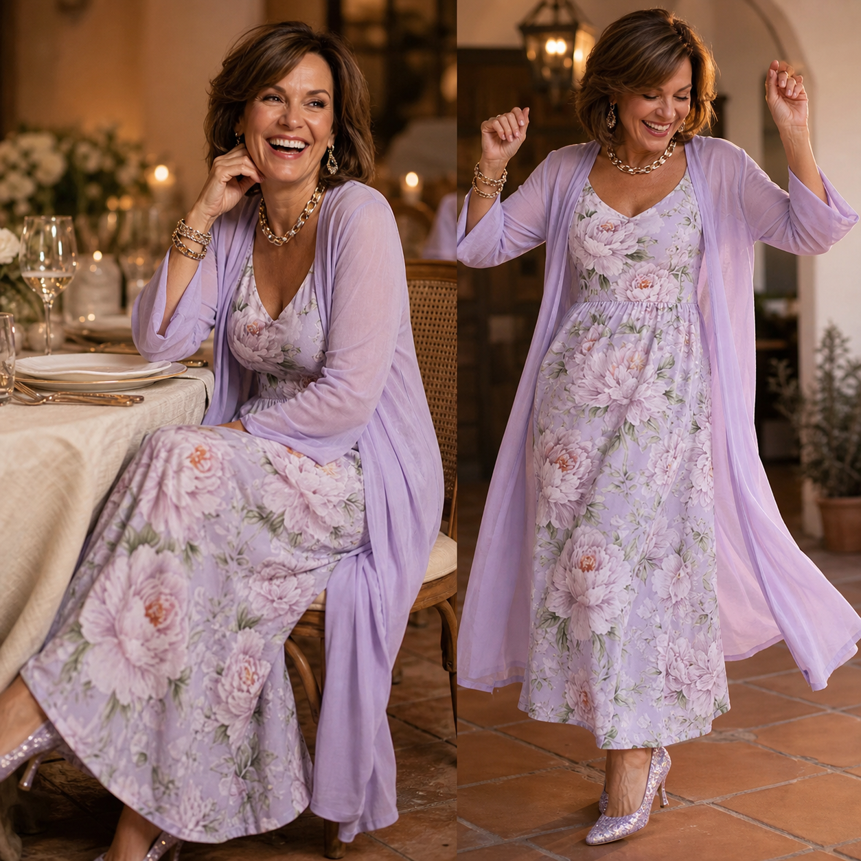 Fausta Rovatti™ Zwiewny komplet sukienka maxi w kwiaty z kardiganem