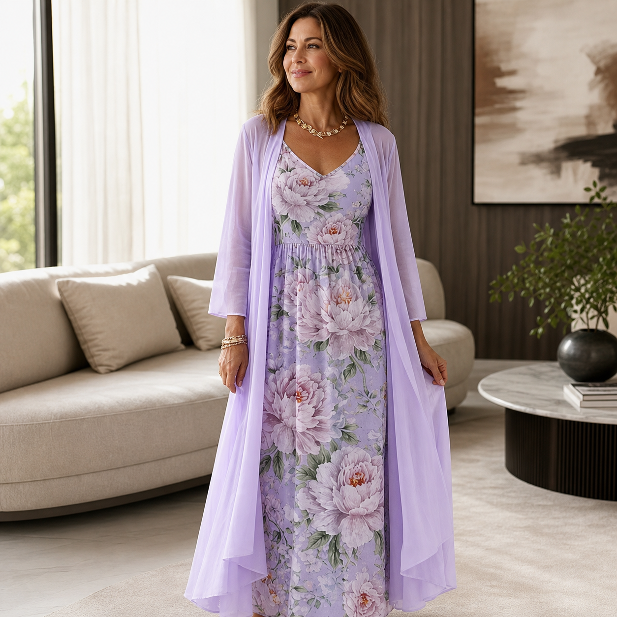 Fausta Rovatti™ Zwiewny komplet sukienka maxi w kwiaty z kardiganem