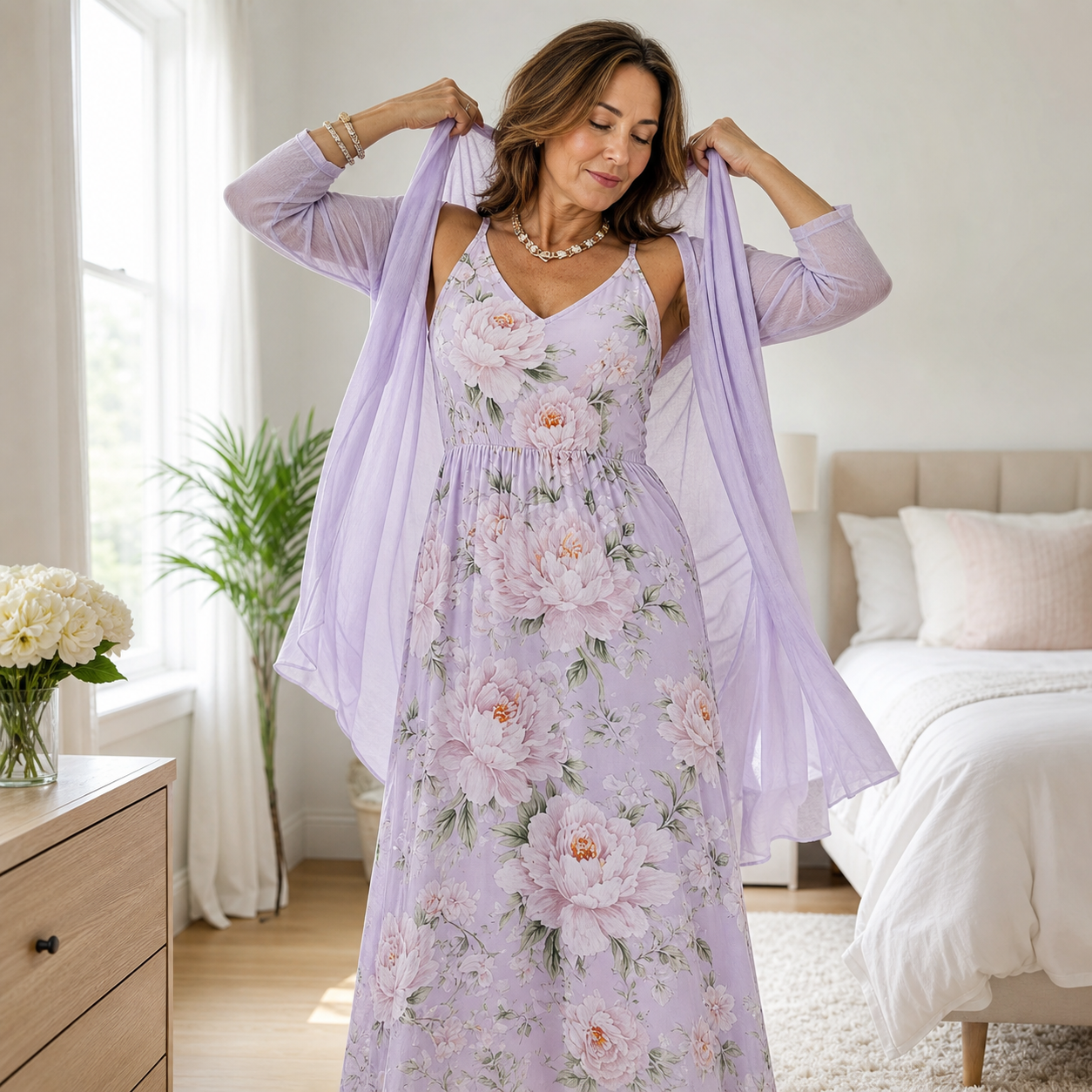 Fausta Rovatti™ Zwiewny komplet sukienka maxi w kwiaty z kardiganem