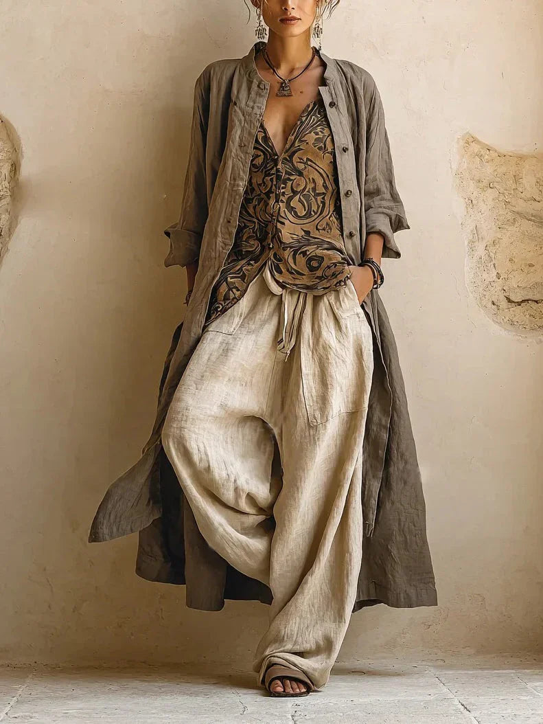 Federica Ravelyn Women's 3-Piece Linen Cotton Ensemble - main view of top, cardigan and wide pants