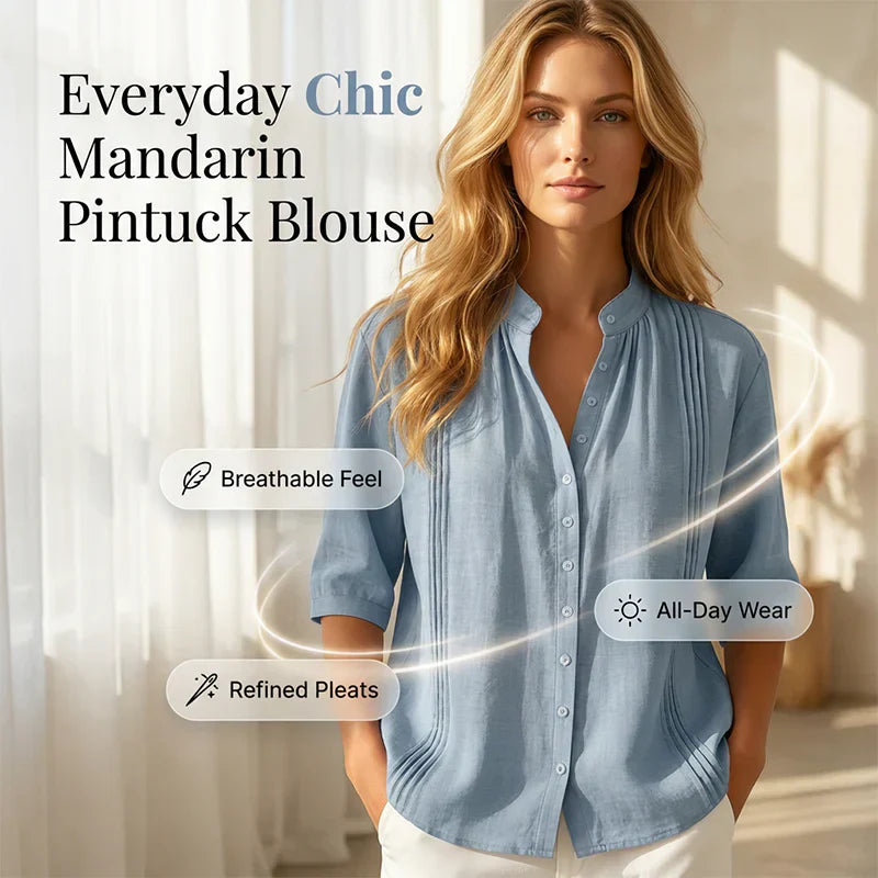 Federica Women's Casual Mandarin Collar Pintuck Top - main front product view