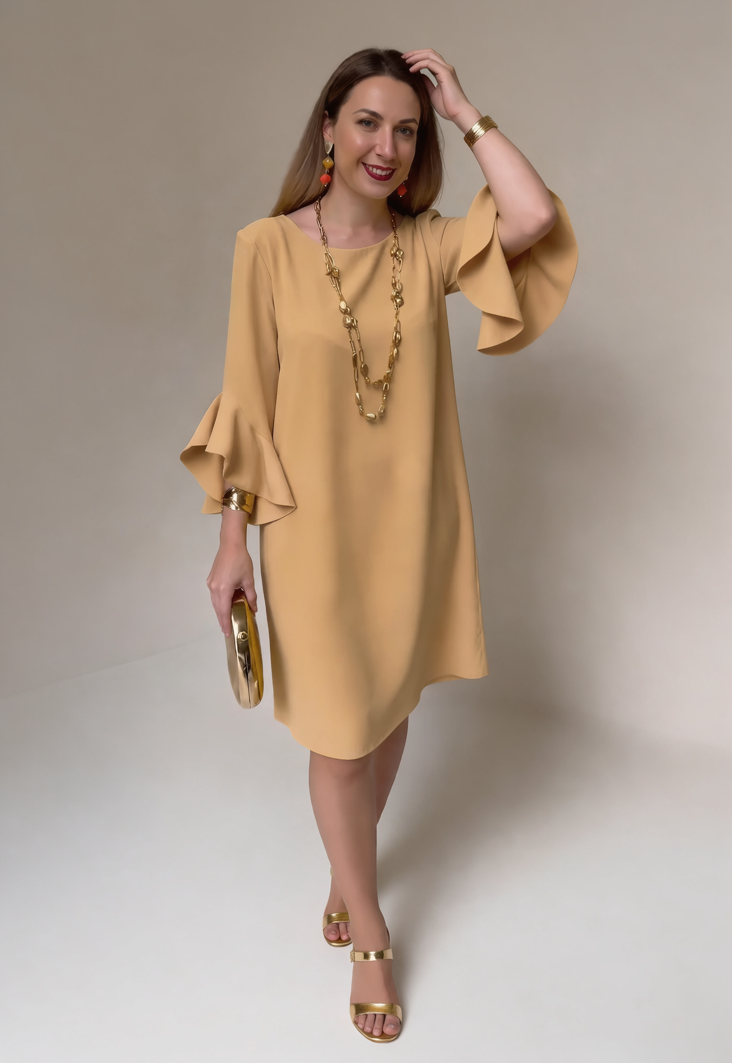 Fiorella Albanese™ Elegancka sukienka midi mini z falbaniastymi rękawami