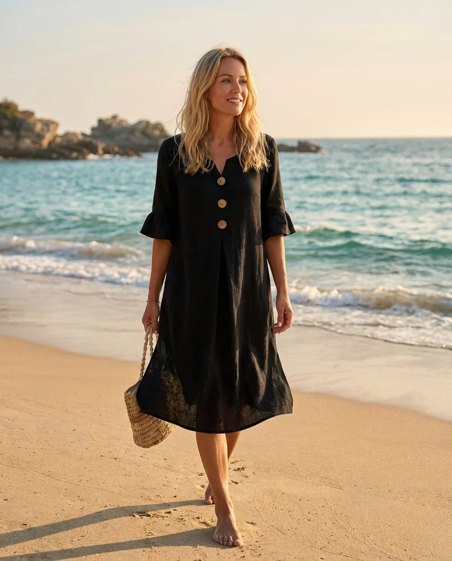 Francesca Zofia Light Linen Dress with Buttons - back view
