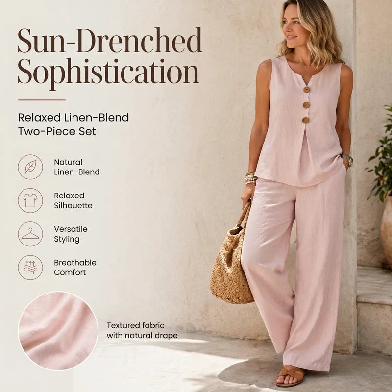 Gabriella Anastasi Breathable Two Piece - main view of sleeveless button top and loose pants set