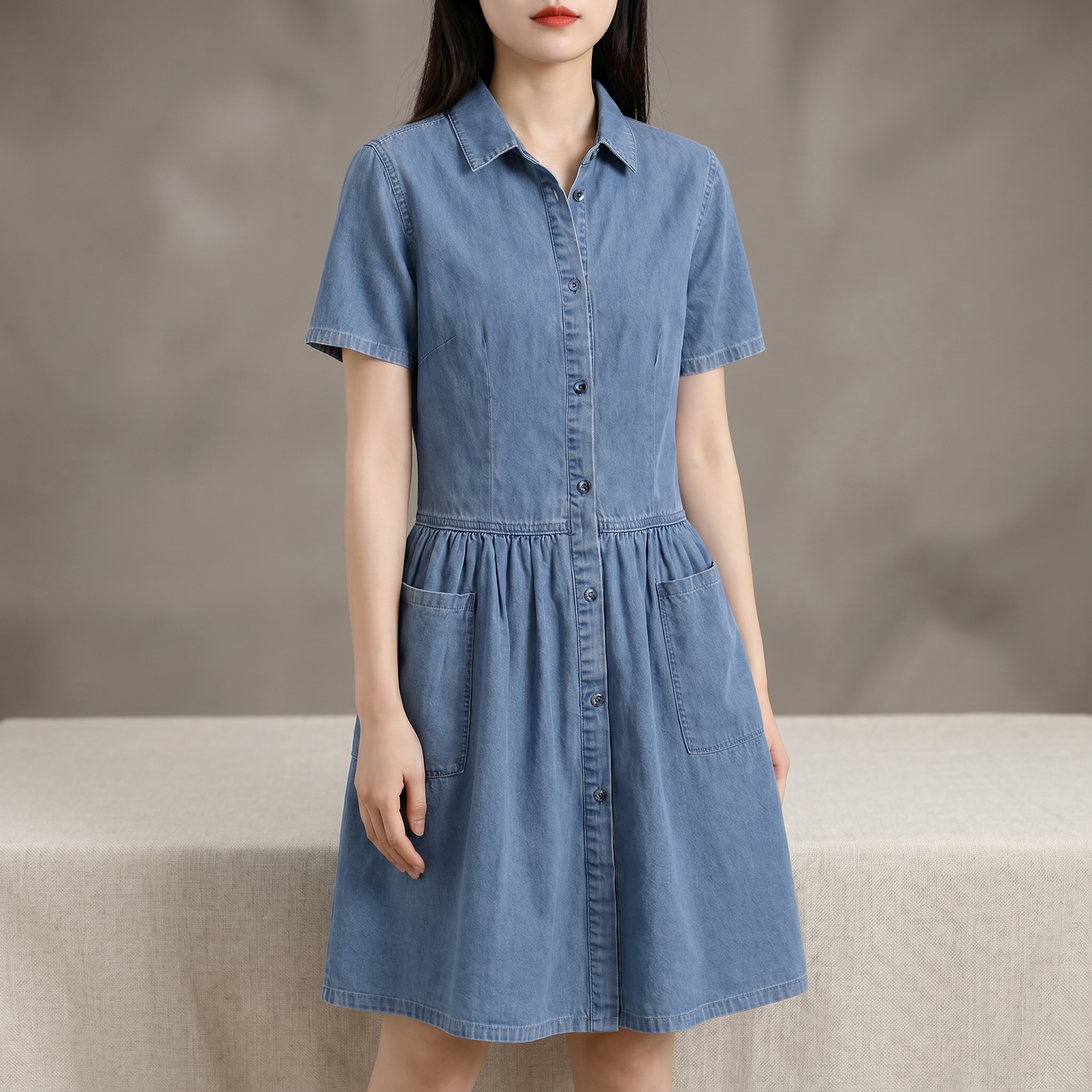 Lucia Riva™ Casualowa lekka sukienka midi w stylu jeansowym z krótkim rękawem