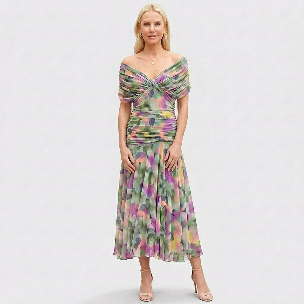 Enrichetta Bellori™ elegancka sukienka z odkrytymi ramionami w nadruk