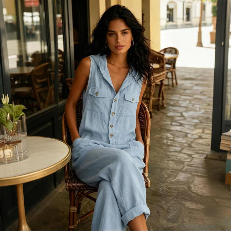 Ginevra Women's Casual Sleeveless Hooded Jumpsuit - side profile view