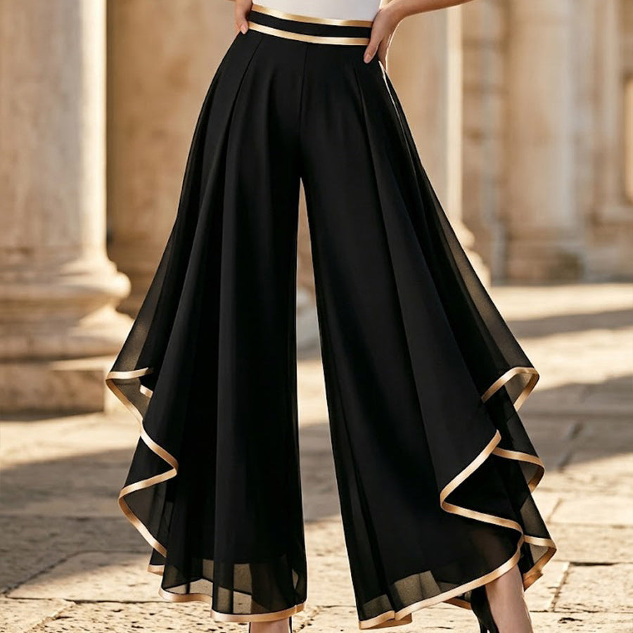 Graziella Aurozzi Stylish Gold-Trimmed Flowy Chiffon Trousers - front main product view