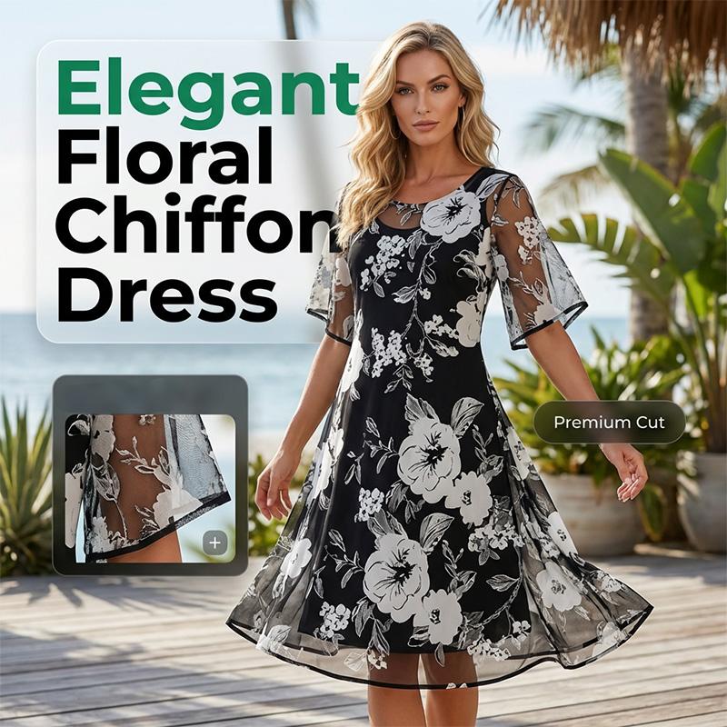 Ileana Elegant Floral Print Chiffon Dress - main front view of women's floral chiffon dress