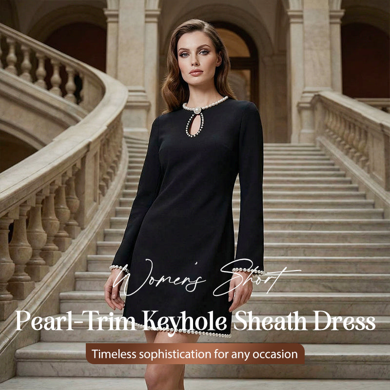 Isabella Women's Short Faux Pearl-Trim Keyhole Sheath Dress - side angle showing keyhole neckline detail