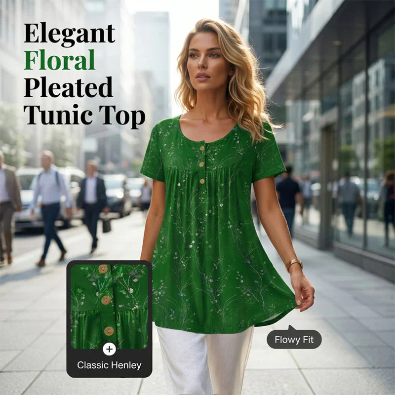 Ivana Women's Floral Print Pleated Tunic Top - front hero view of flowing floral tunic