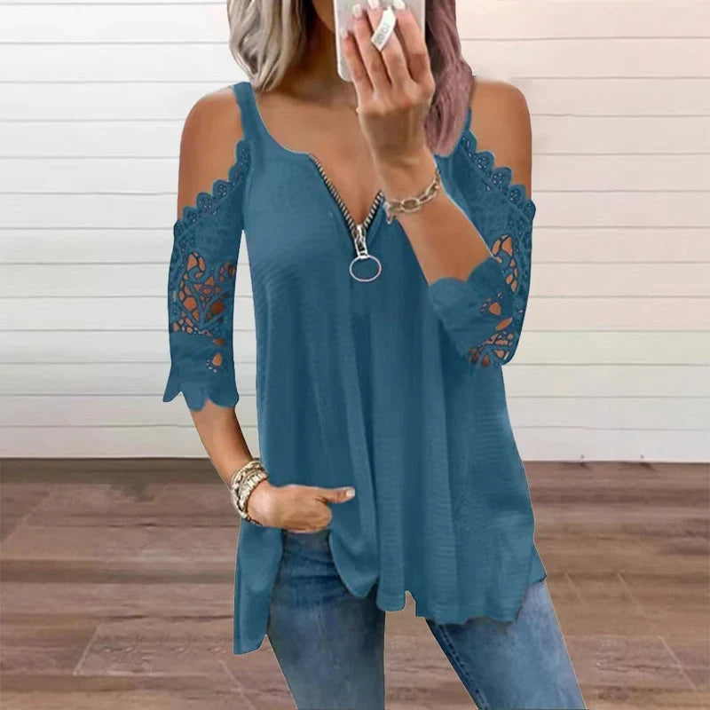 Larissa Belmonte™ Elegancka bluzka z koronką i odkrytymi ramionami