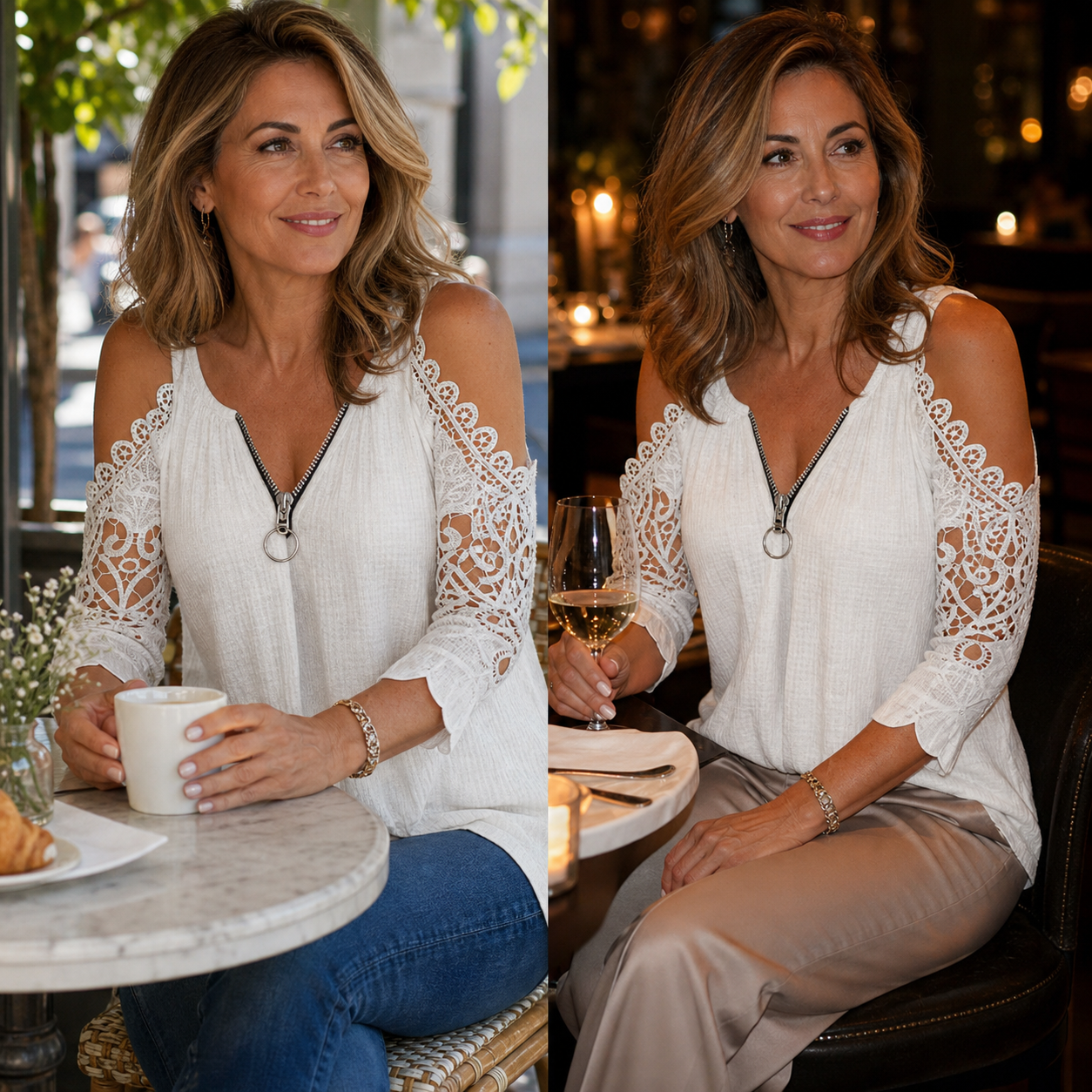 Larissa Belmonte™ Elegancka bluzka z koronką i odkrytymi ramionami