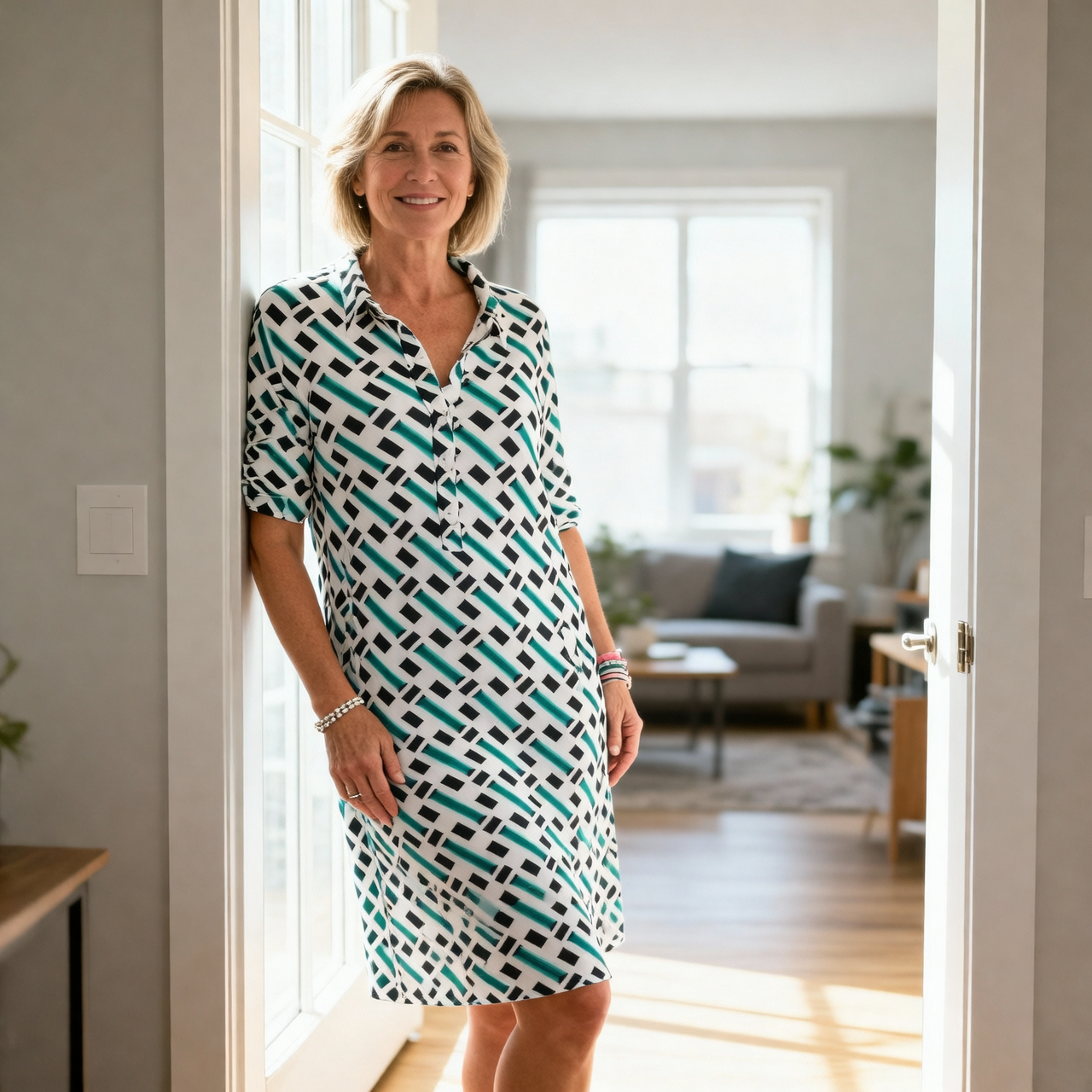 Laura Cattaneo™ Elegancka sukienka z geometrycznym wzorem i krótkim rękawem