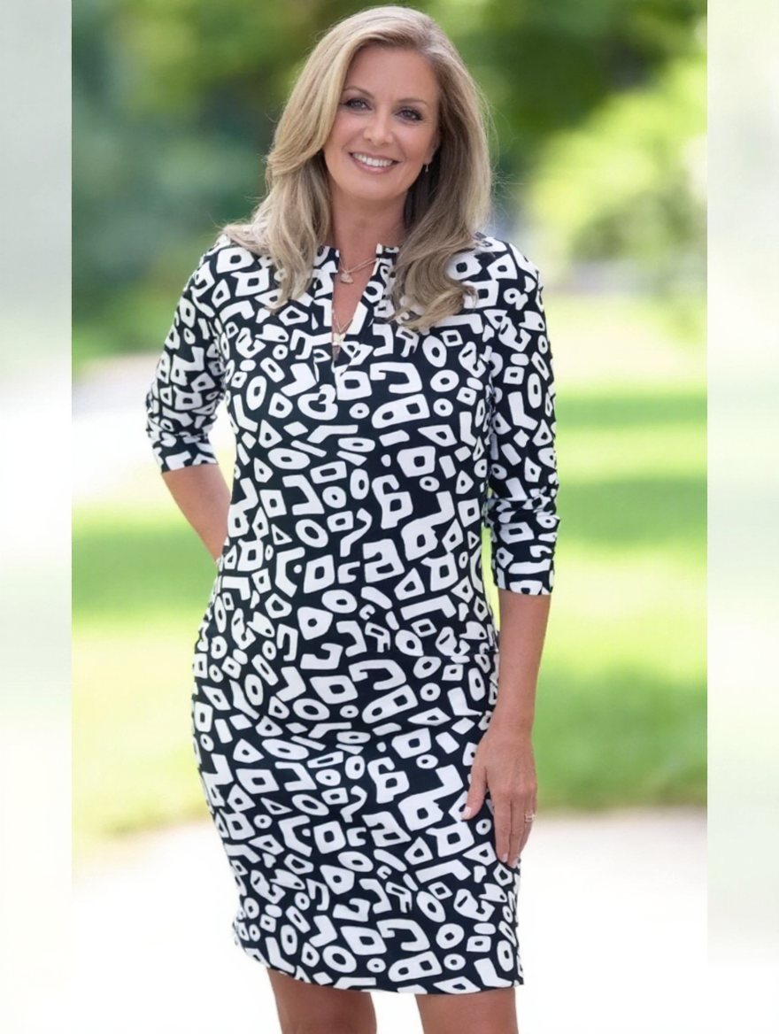 • Liliana Cenci™ Zwiewna sukienka casualowa z kontrastowym wzorem i dekoltem V