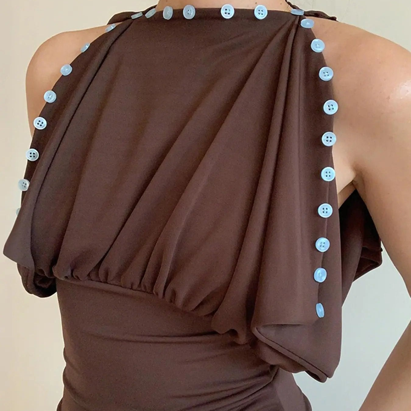 Loredana Convertible Multi-Way Button Top - main front view styled for day or night