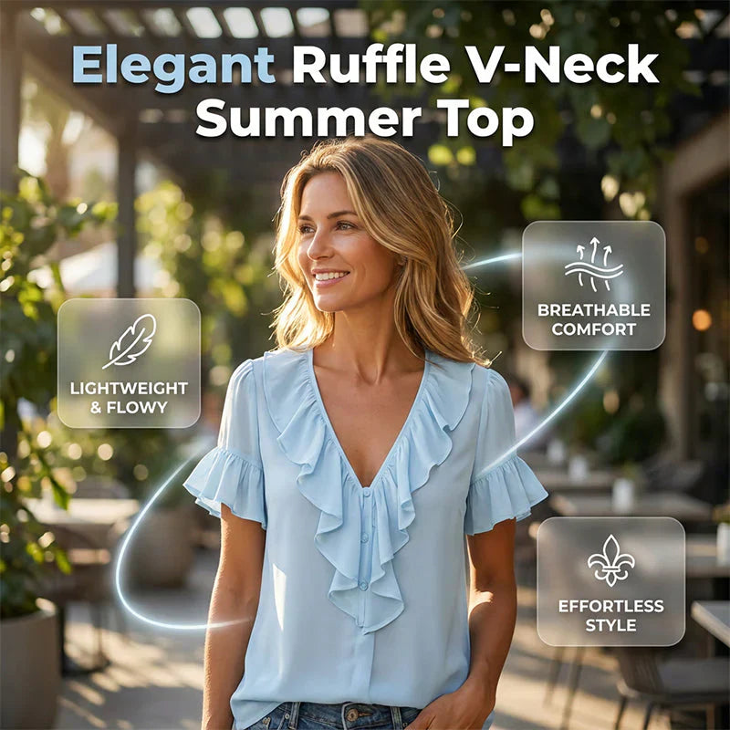 Malvina Women's Elegant Ruffle V-Neck Short Sleeve Blouse - main front product view