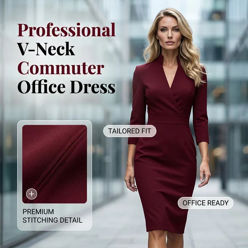 Manuela Elegant Stand Collar V-Neck Office Dress - main front product view