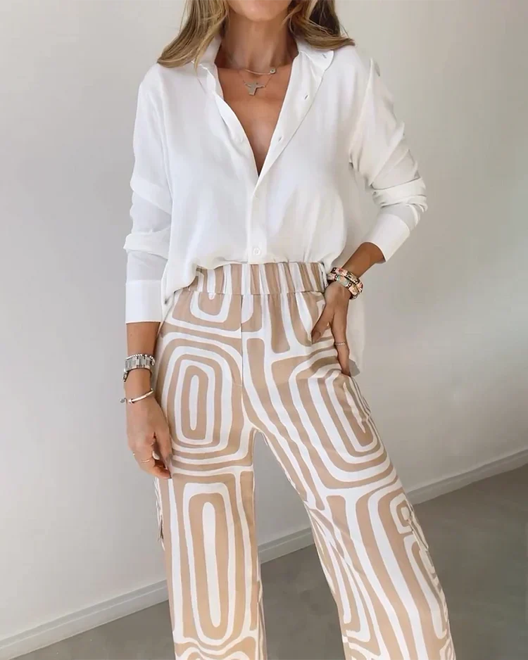 Marcella Ricciardi™ Komplet damski z koszulą i spodniami wide leg na każdą okazję
