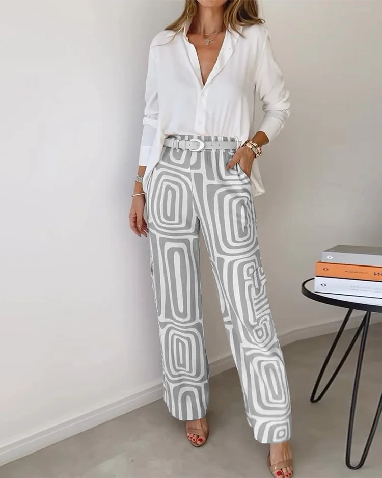 Marcella Ricciardi™ Komplet damski z koszulą i spodniami wide leg na każdą okazję