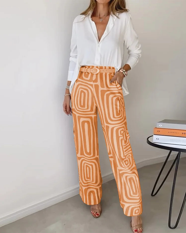 Marcella Ricciardi™ Komplet damski z koszulą i spodniami wide leg na każdą okazję